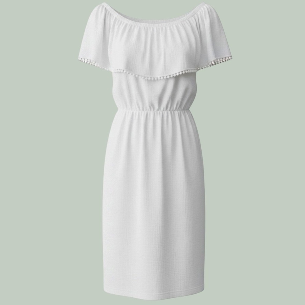 Ruby Rd Woman White Cotton Gauze Off Shoulder Ruffle Pom Pom Dress 1X Boho